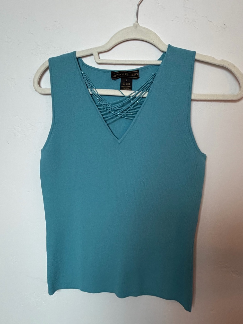 Vintage Linda Matthew’s Teal V-Neck Knit Top with embroidery details
